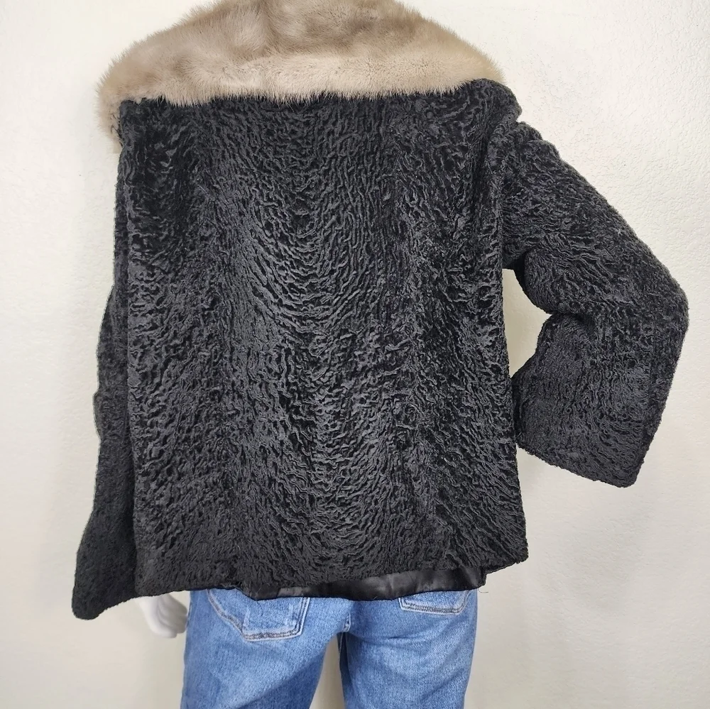 Vintage Persian Lamb Mobwife Black W/ Gray Mink Collar Jacket Size L/XL
